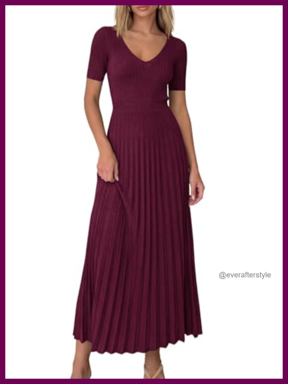 Women's Summer Midi Pleated Sweater Dress V-Neck Short Sleeve Casual